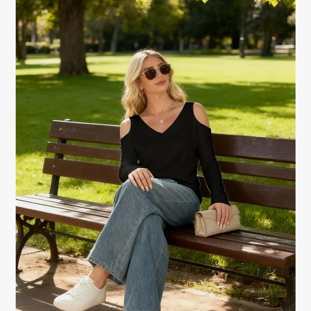 🆕 Cold-Shoulder V-Neck Long Sleeve Top - Black - Picture 3 of 8